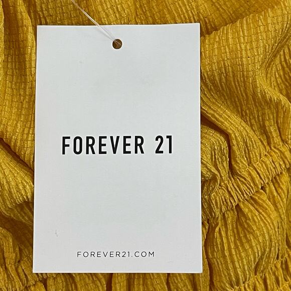 Forever 21 Yellow Smocked Knit Crop Top Medium Midriff Peplum Flair Strappy NWT - Picture 7 of 11